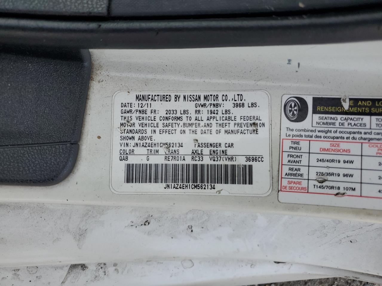 2012 Nissan 370Z Base VIN: JN1AZ4EH1CM562134 Lot: 56708065