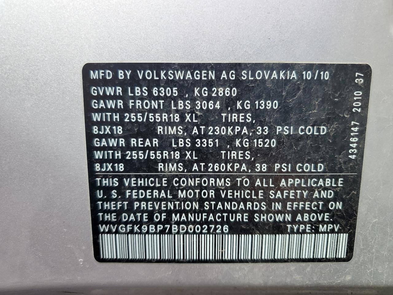 2011 Volkswagen Touareg V6 Tdi VIN: WVGFK9BP7BD002726 Lot: 56401105