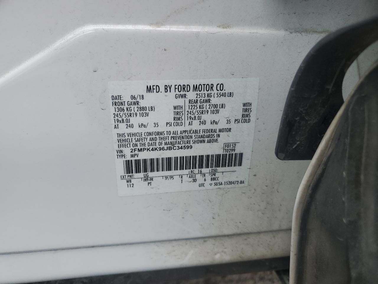 2018 Ford Edge Titanium VIN: 2FMPK4K96JBC34599 Lot: 55761005