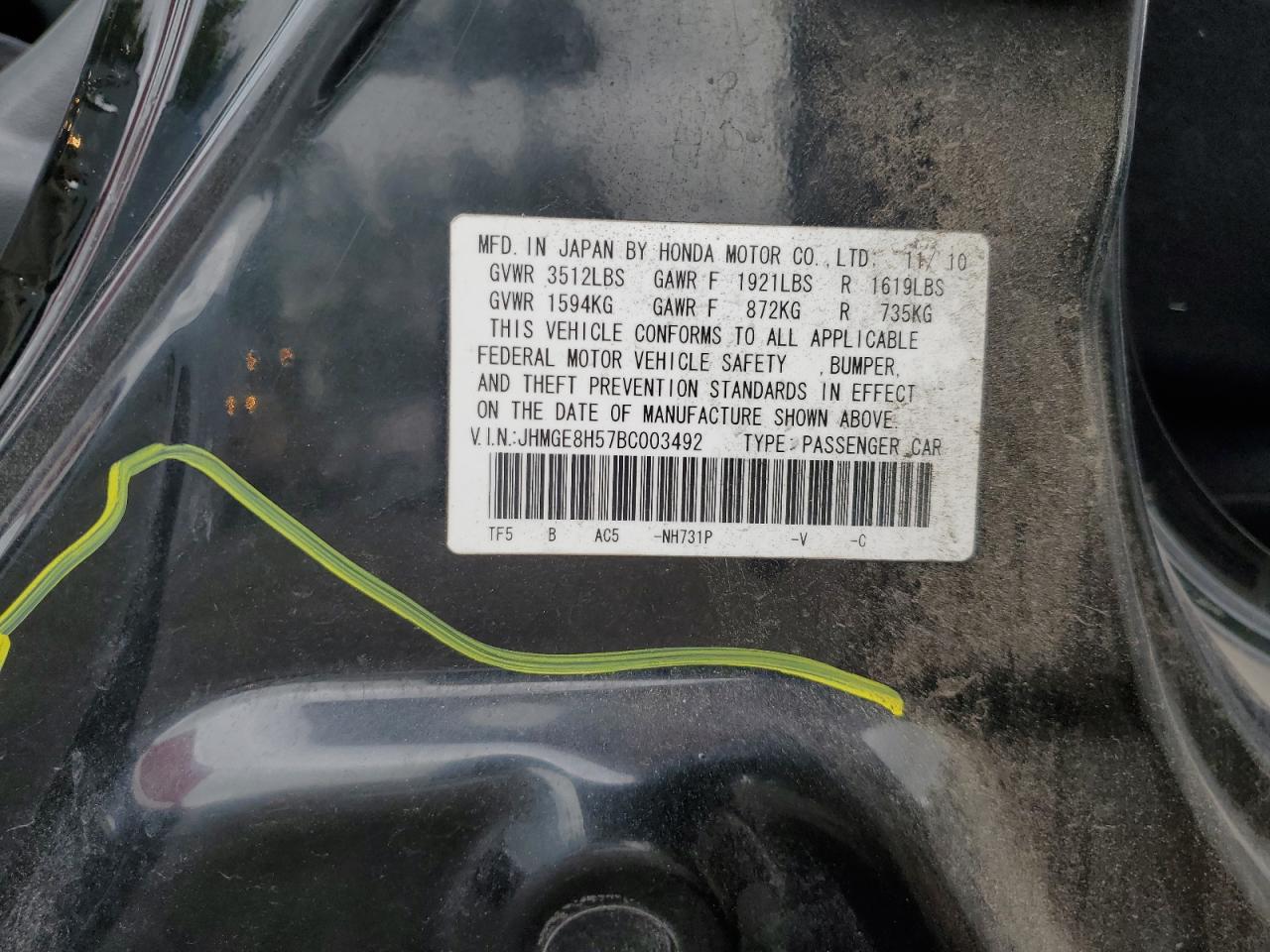 2011 Honda Fit Sport VIN: JHMGE8H57BC003492 Lot: 57182525