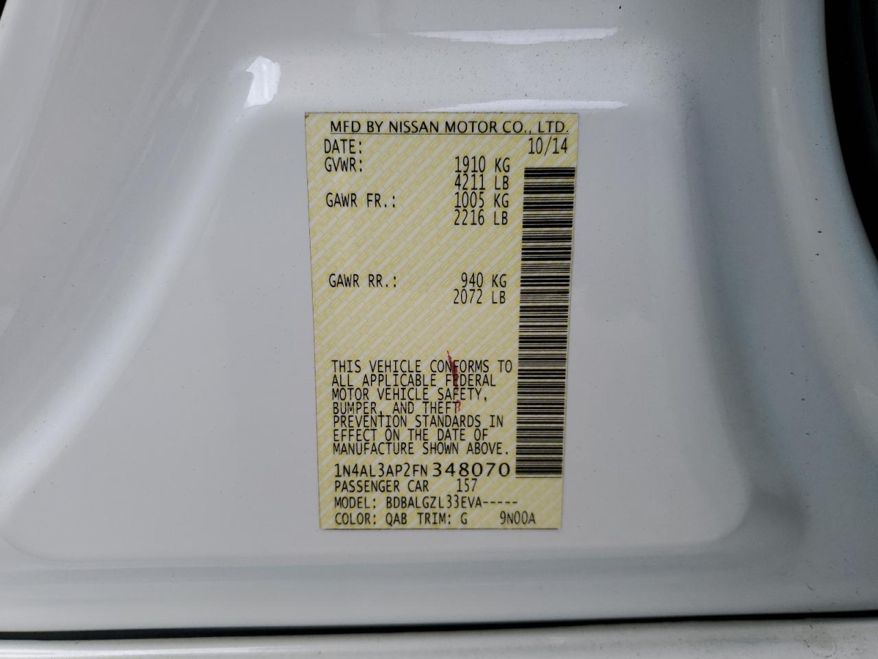 2015 Nissan Altima 2.5 VIN: 1N4AL3AP2FN348070 Lot: 56887445