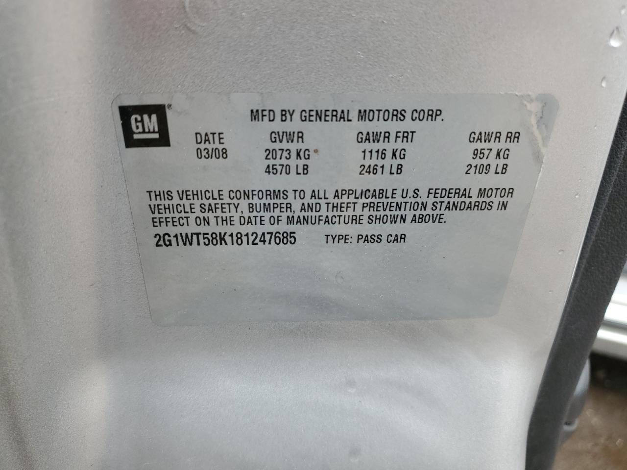 2008 Chevrolet Impala Lt VIN: 2G1WT58K181247685 Lot: 85898915