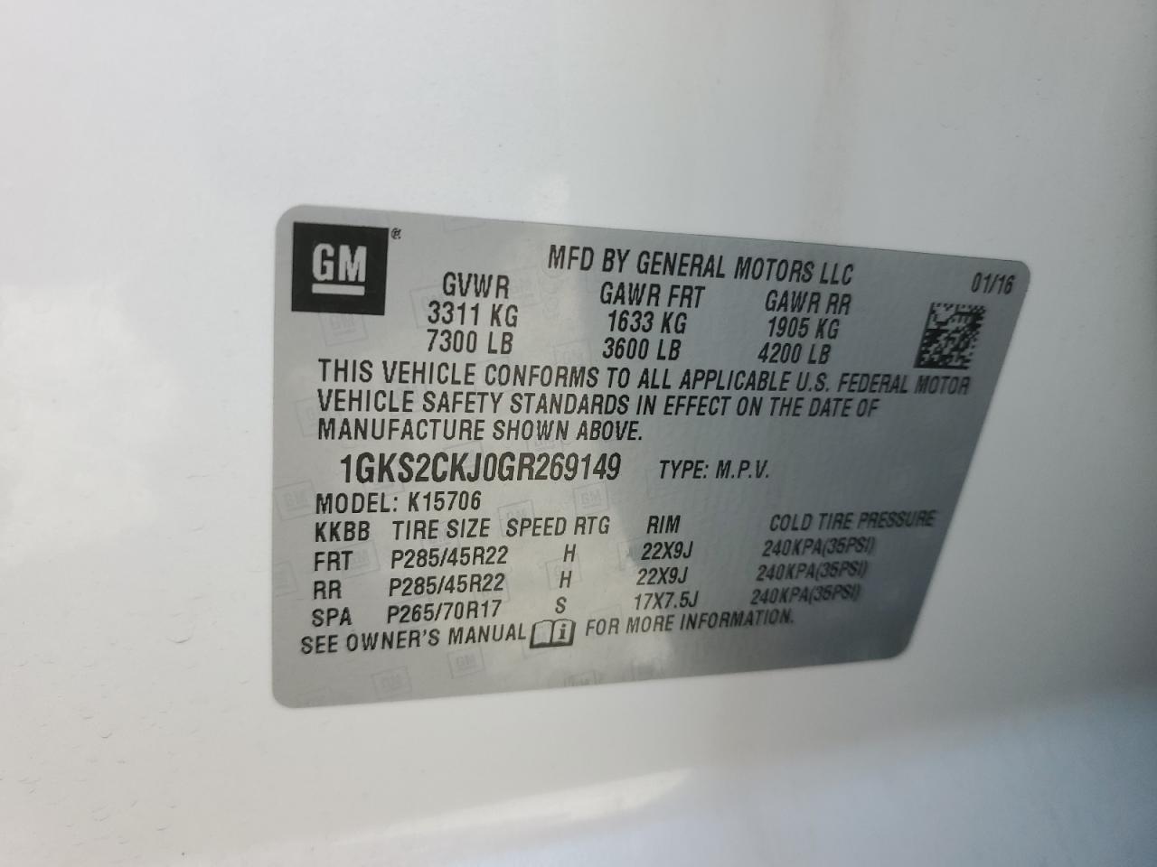 2016 GMC Yukon Denali VIN: 1GKS2CKJ0GR269149 Lot: 57467765