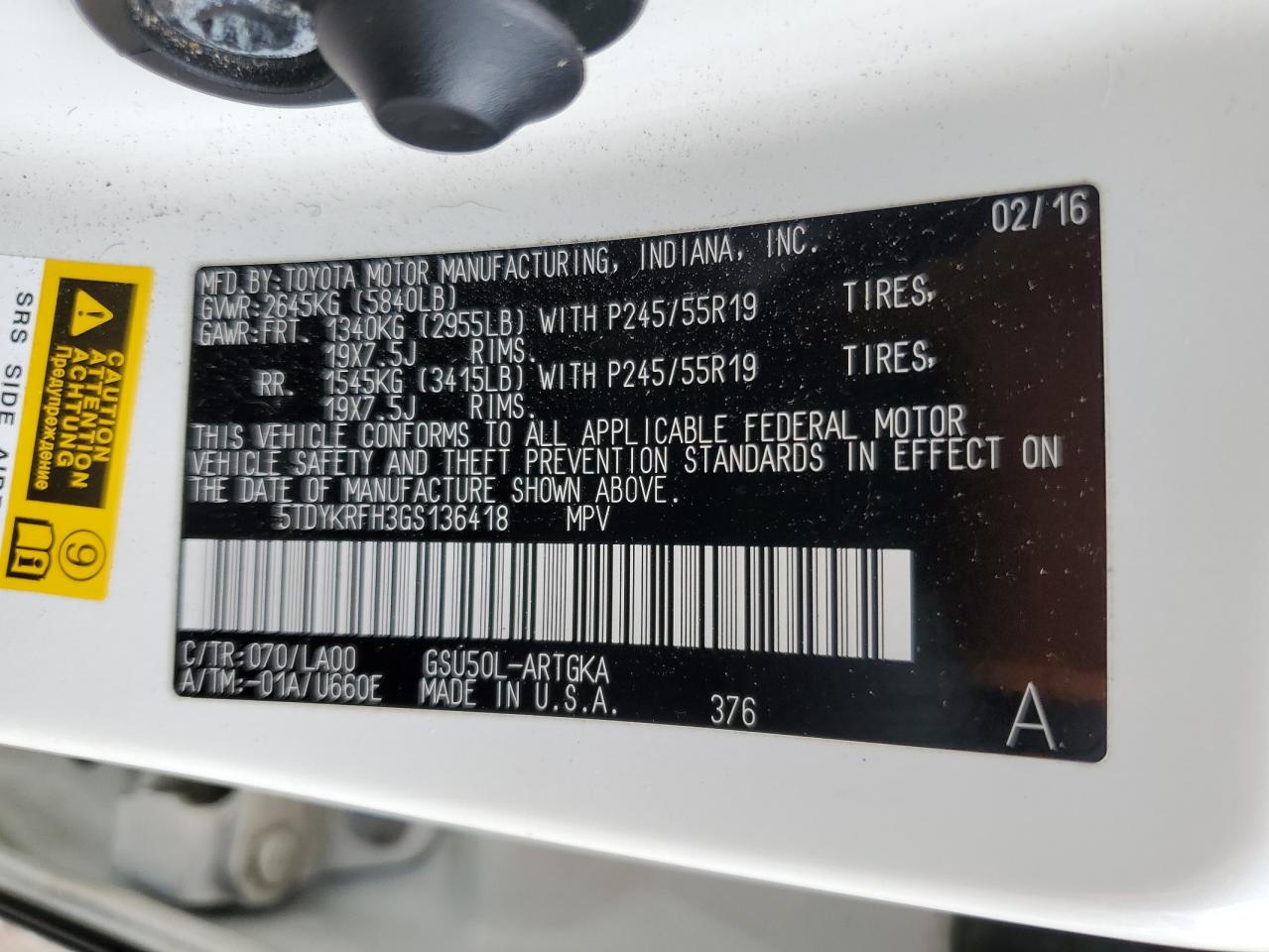 2016 Toyota Highlander Limited VIN: 5TDYKRFH3GS136418 Lot: 56727875