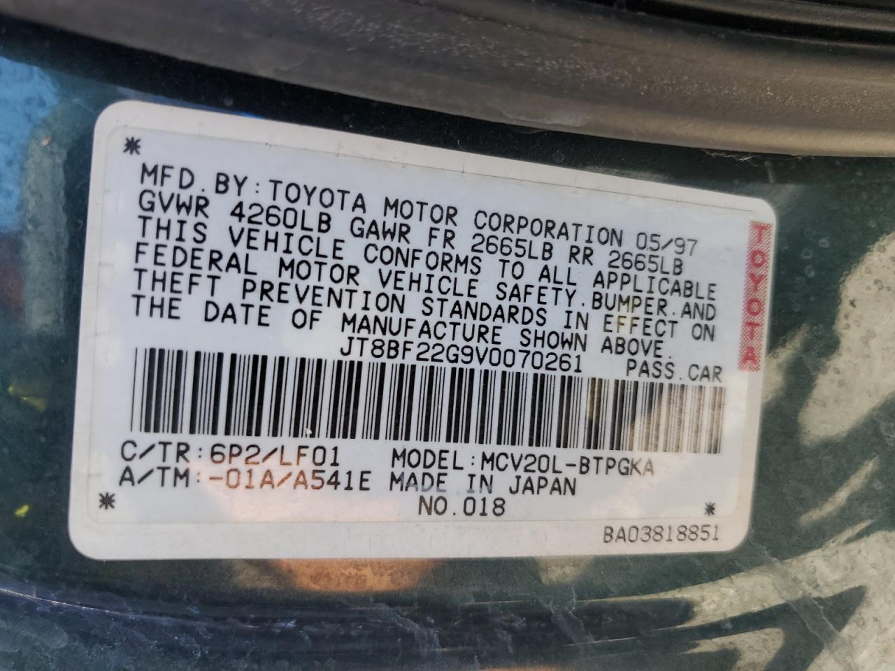 1997 Lexus Es 300 VIN: JT8BF22G9V0070261 Lot: 55957435