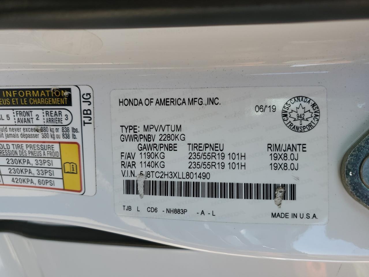 2020 Acura Rdx VIN: 5J8TC2H3XLL801490 Lot: 54682915