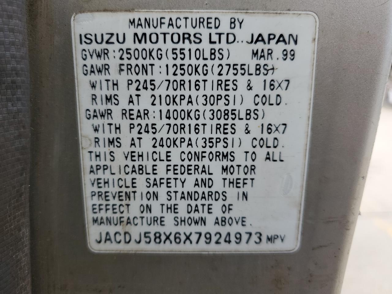 1999 Isuzu Trooper S VIN: JACDJ58X6X7924973 Lot: 57881235