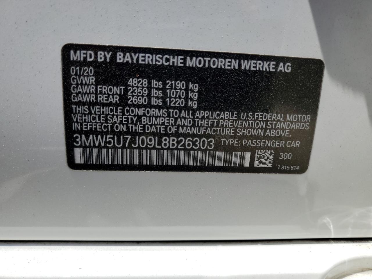 2020 BMW M340I VIN: 3MW5U7J09L8B26303 Lot: 59202145