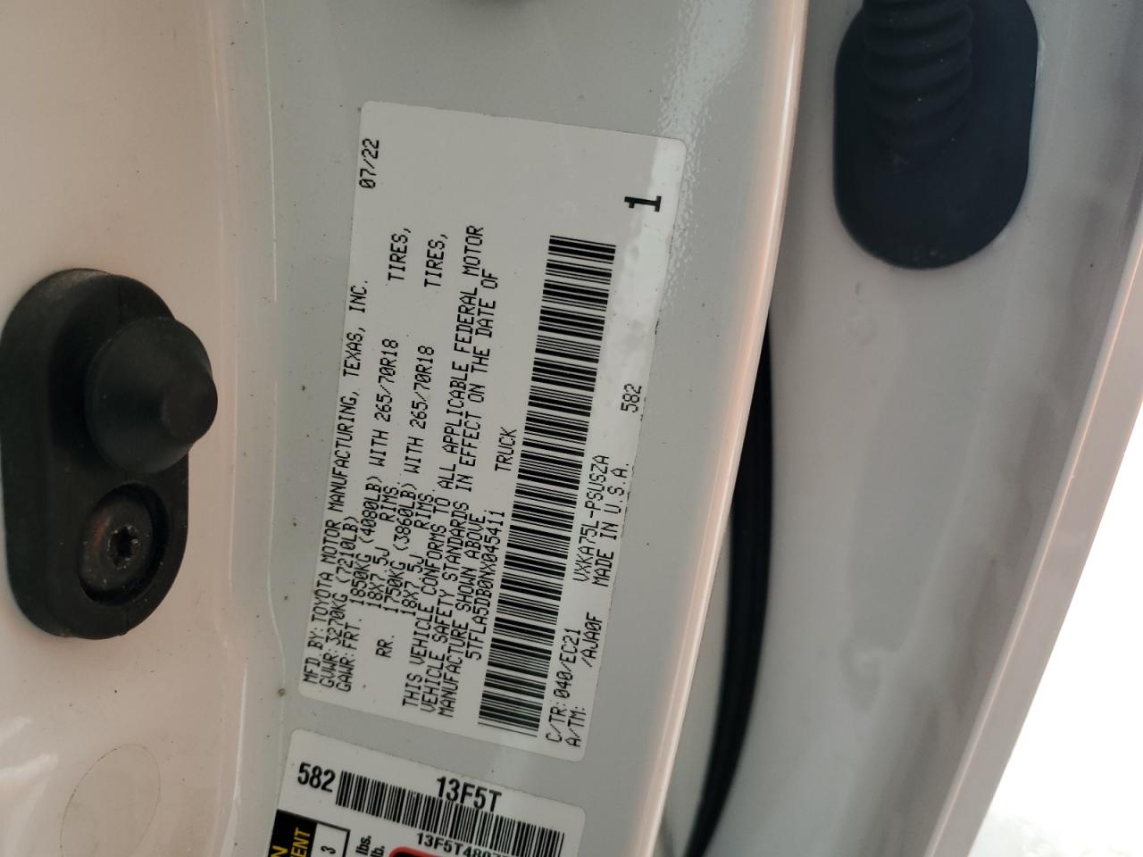 2022 Toyota Tundra Crewmax Sr VIN: 5TFLA5DB0NX045411 Lot: 55396285