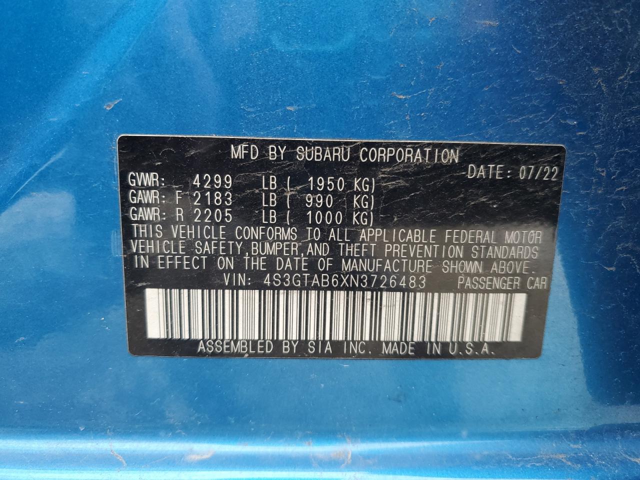 2022 Subaru Impreza VIN: 4S3GTAB6XN3726483 Lot: 56176975