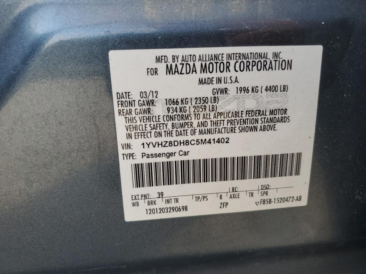 2012 Mazda 6 I VIN: 1YVHZ8DH8C5M41402 Lot: 56951525