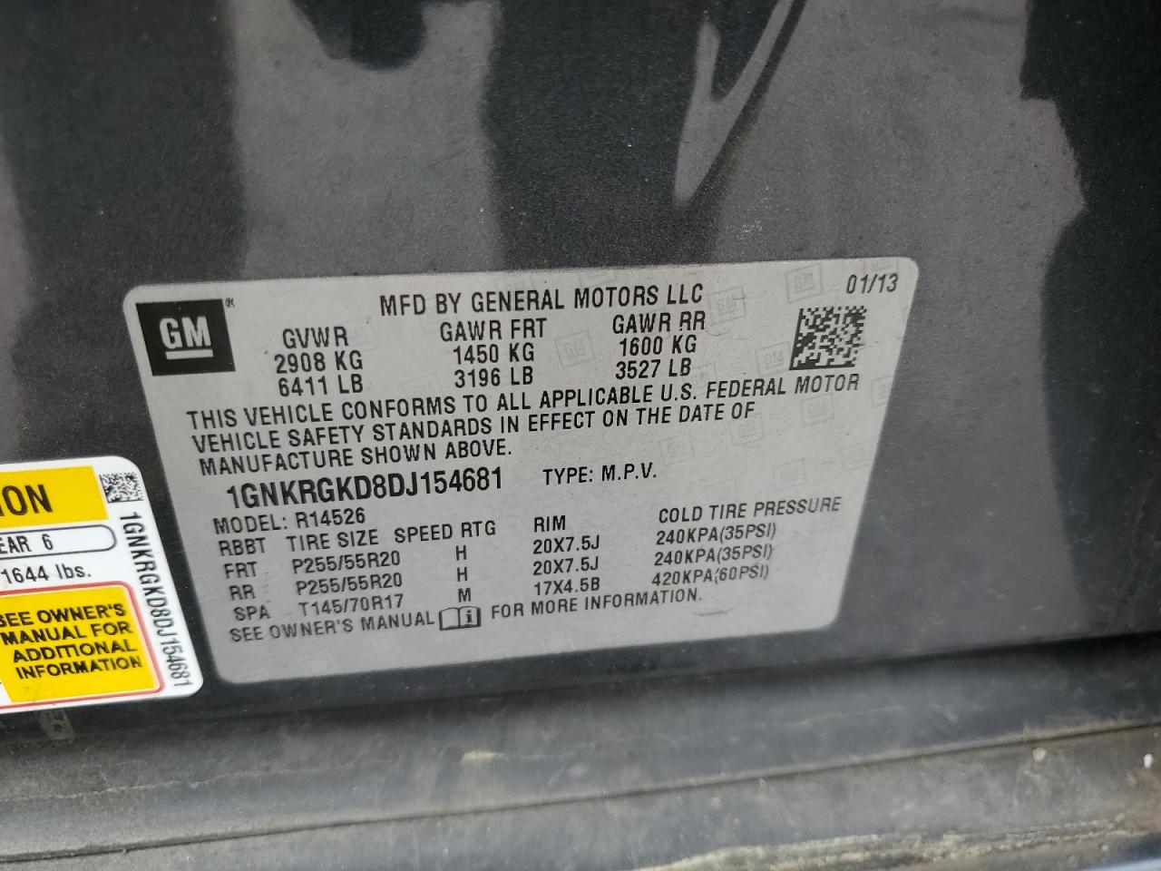 2013 Chevrolet Traverse Lt VIN: 1GNKRGKD8DJ154681 Lot: 57020535