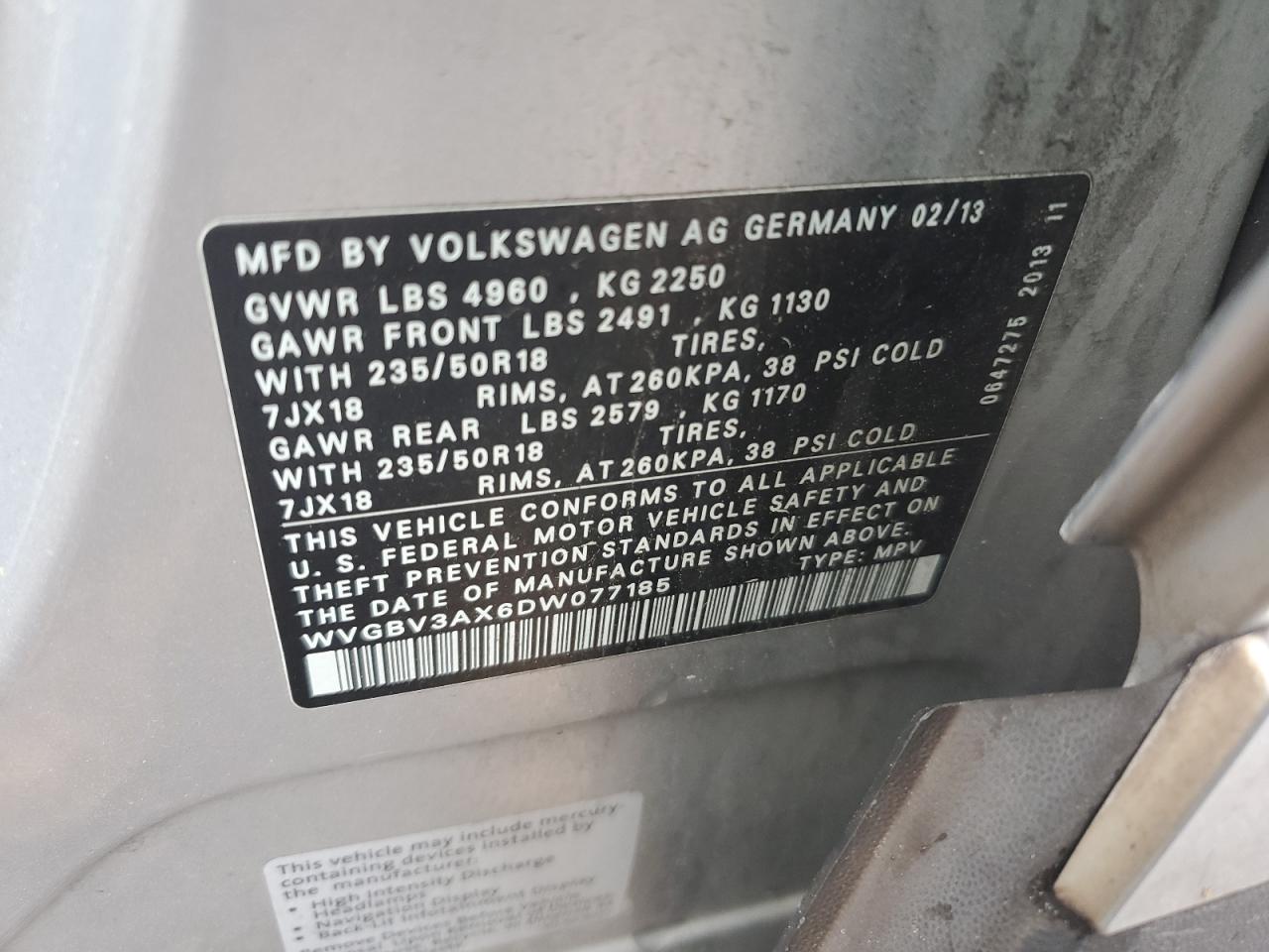 2013 Volkswagen Tiguan S VIN: WVGBV3AX6DW077185 Lot: 57061005