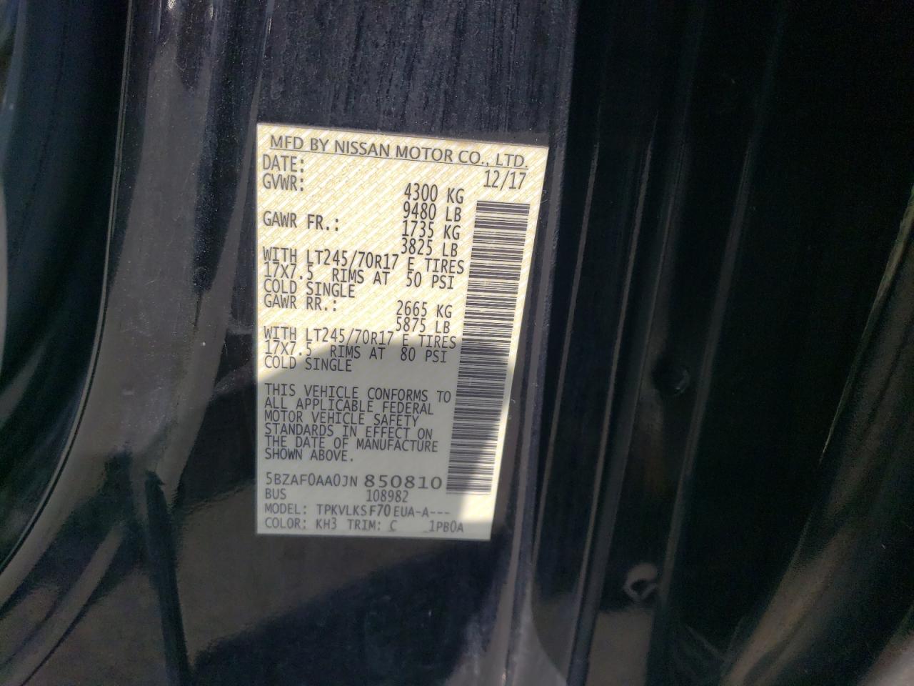 2018 Nissan Nv 3500 S VIN: 5BZAF0AA0JN850810 Lot: 54953605
