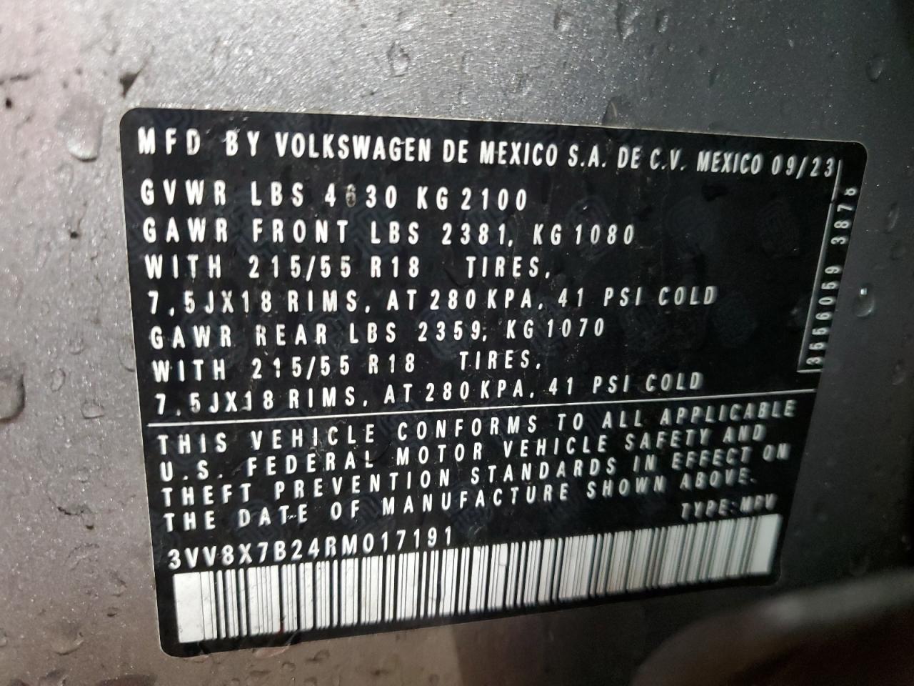 2024 Volkswagen Taos S VIN: 3VV8X7B24RM017191 Lot: 55762805
