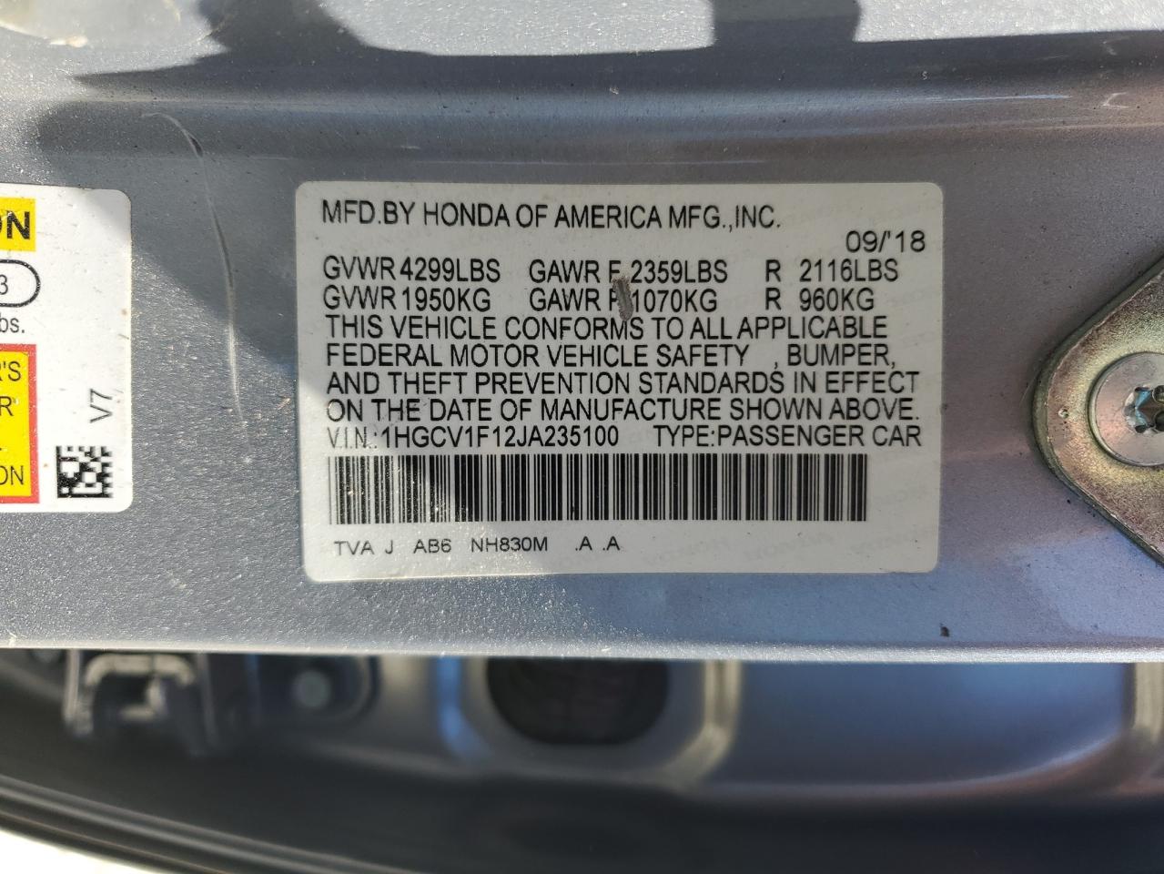 2018 Honda Accord Lx VIN: 1HGCV1F12JA235100 Lot: 57397215