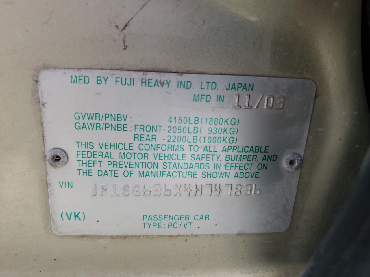 2004 Subaru Forester 2.5X VIN: JF1SG636X4H747836 Lot: 56456385