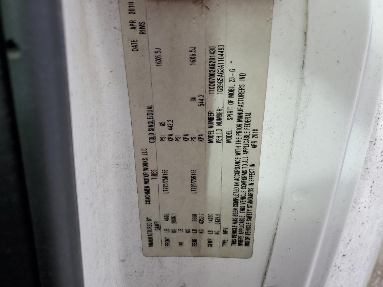 2010 Chevrolet Express Cutaway G4500 VIN: 1GB9G5AG3A1104493 Lot: 58694105