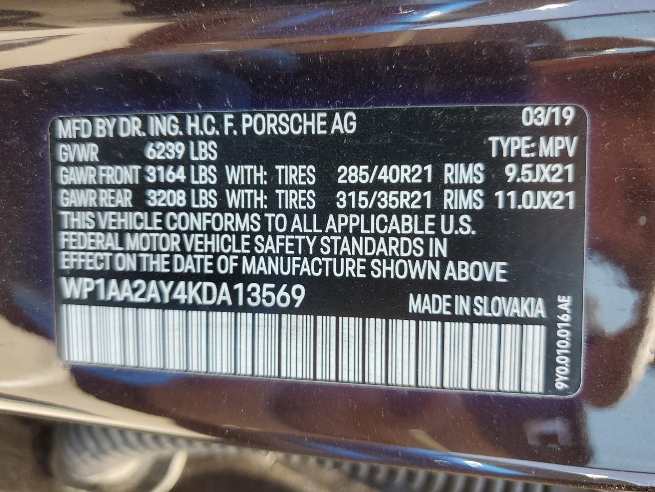 2019 Porsche Cayenne VIN: WP1AA2AY4KDA13569 Lot: 58477775