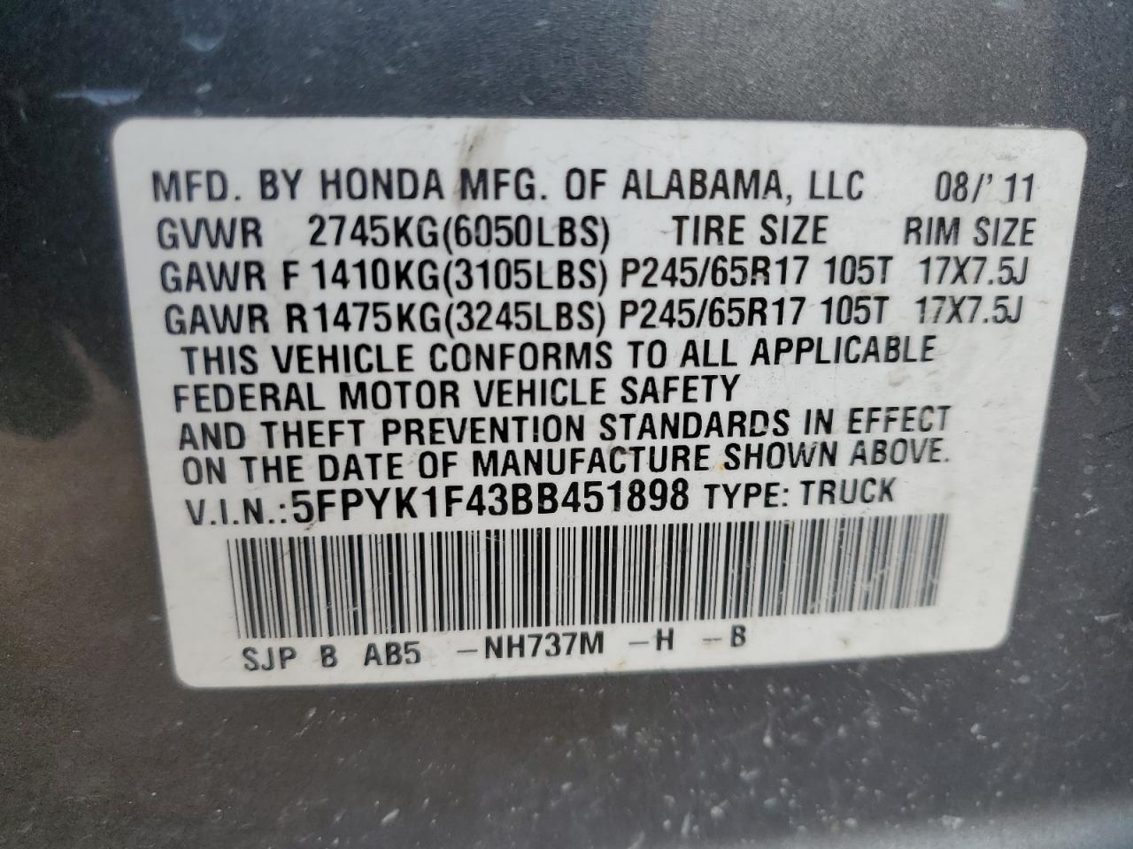 2011 Honda Ridgeline Rts VIN: 5FPYK1F43BB451898 Lot: 58151605