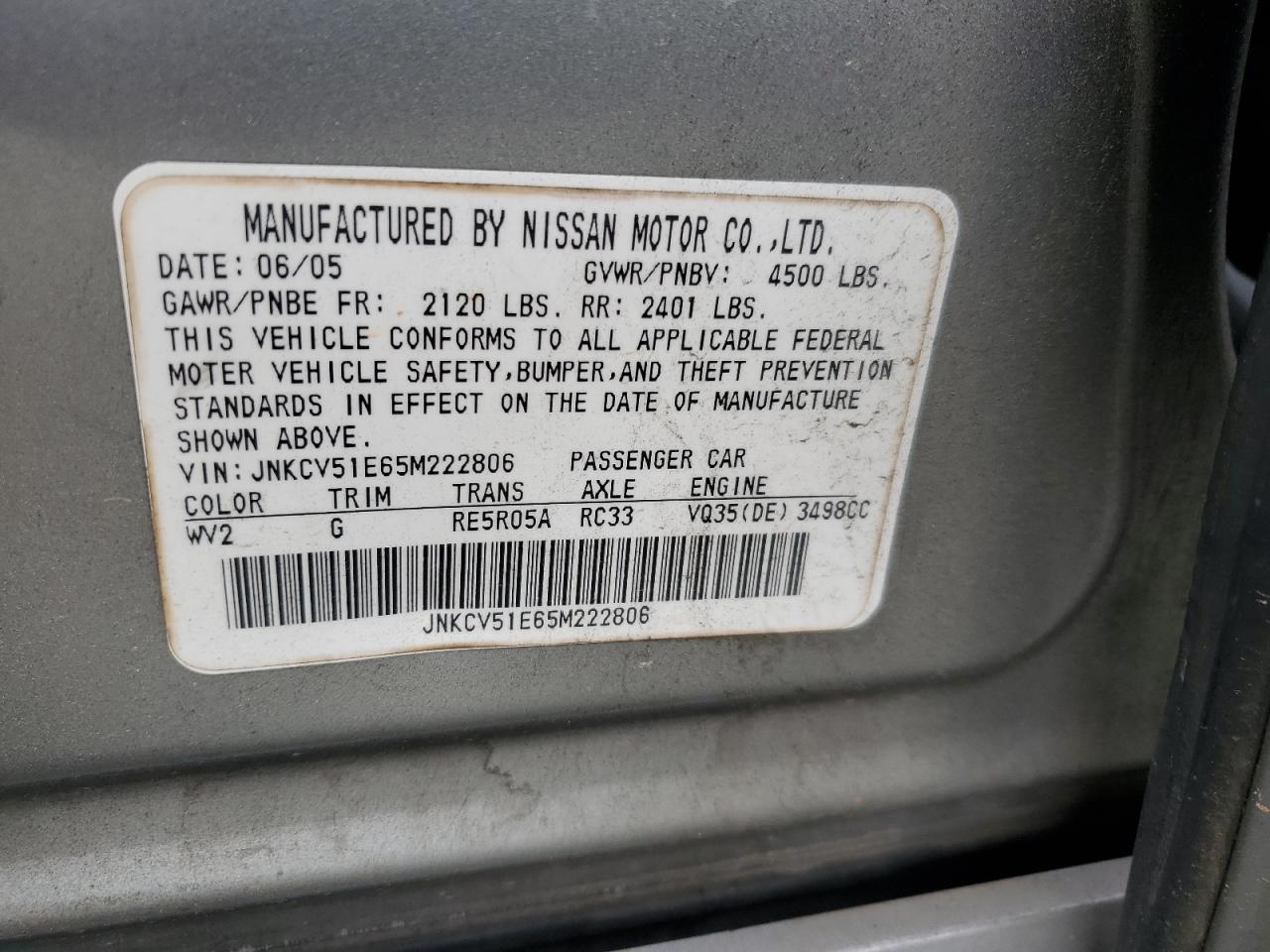 2005 Infiniti G35 VIN: JNKCV51E65M222806 Lot: 59128815