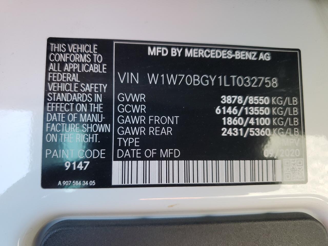 2020 Mercedes-Benz Sprinter 1500 VIN: W1W70BGY1LT032758 Lot: 55772515