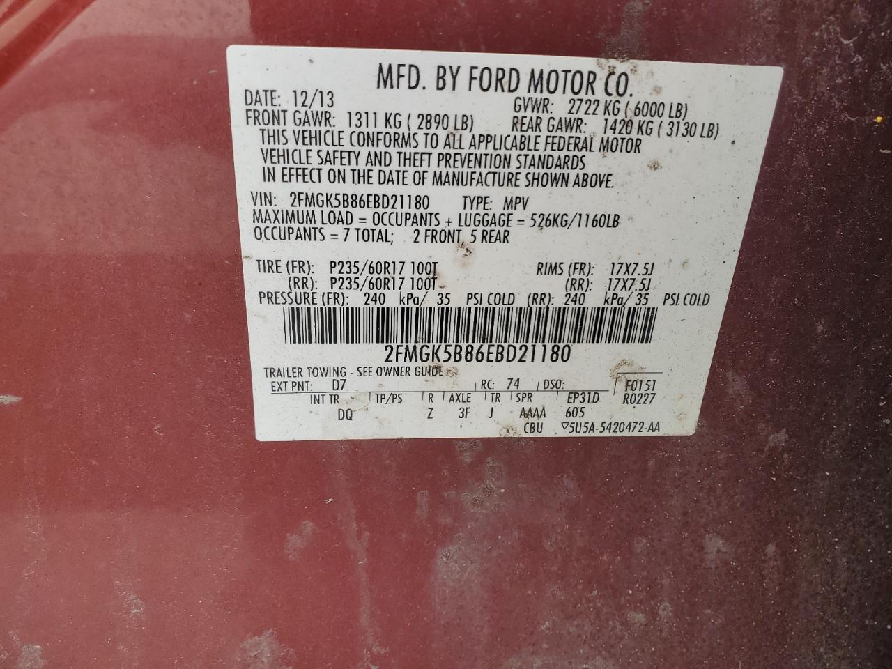 2014 Ford Flex Se VIN: 2FMGK5B86EBD21180 Lot: 56987085