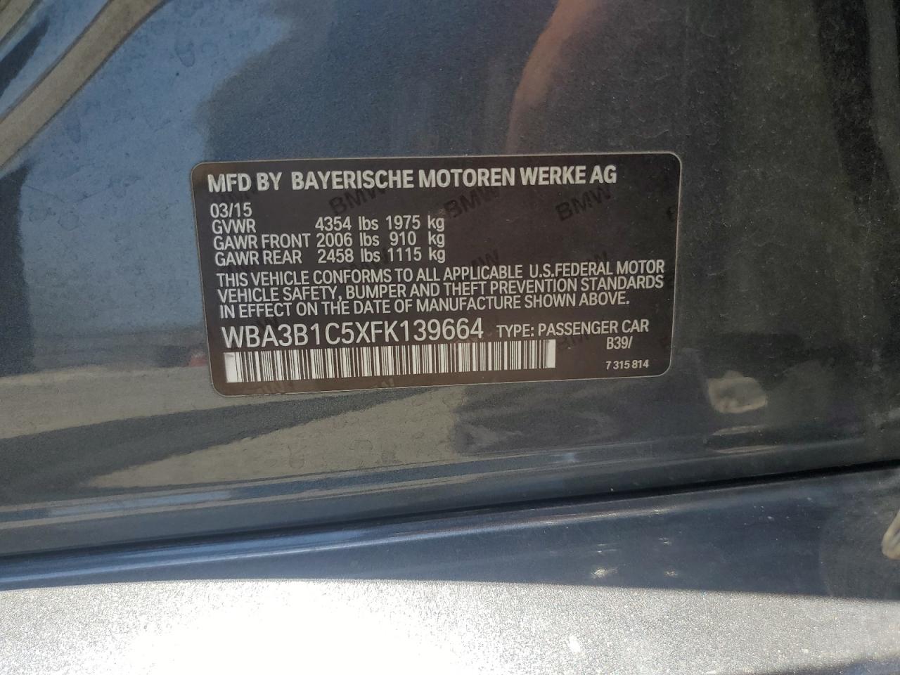 2015 BMW 320 I VIN: WBA3B1C5XFK139664 Lot: 65083625