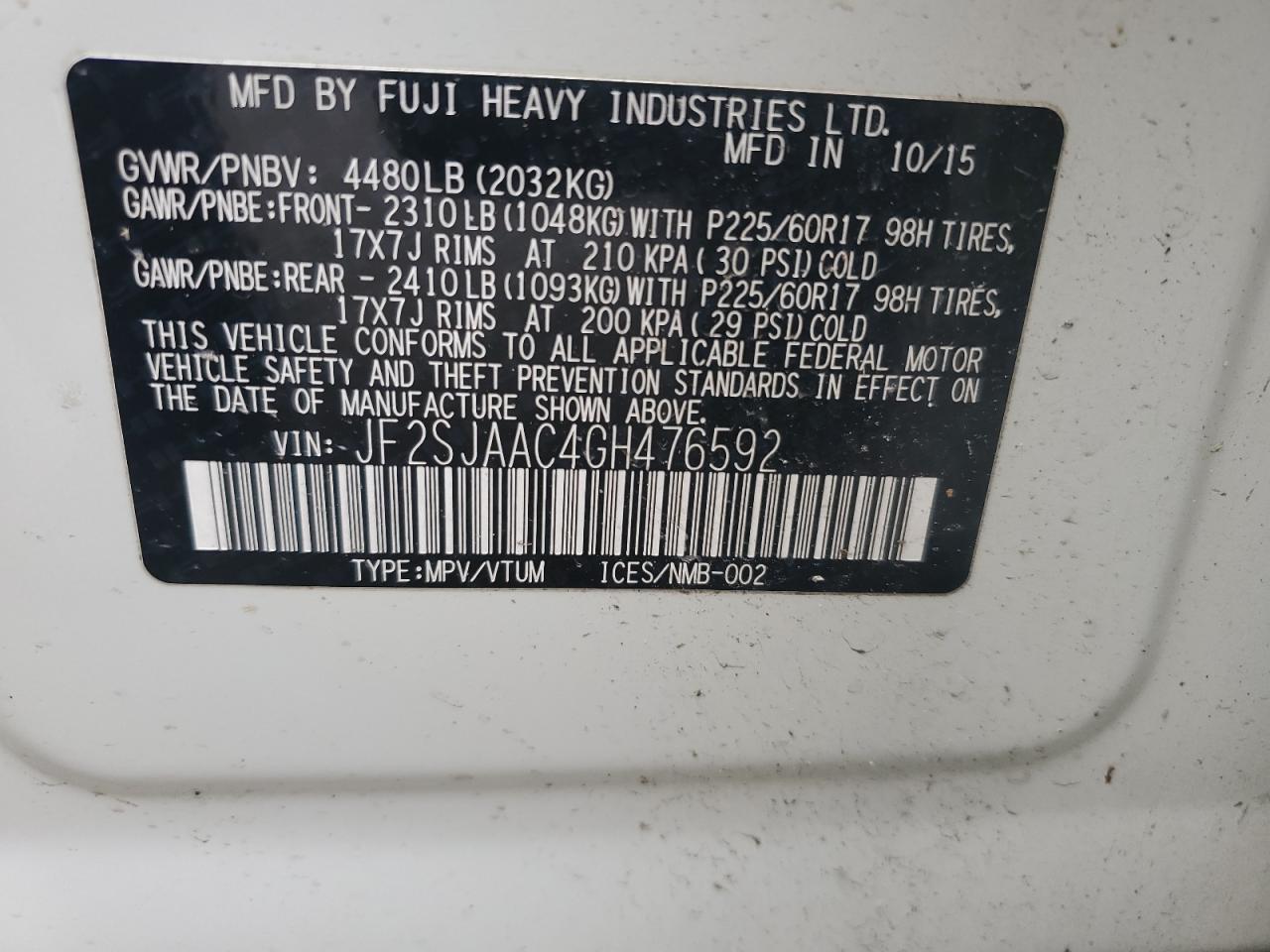 2016 Subaru Forester 2.5I VIN: JF2SJAAC4GH476592 Lot: 57461045