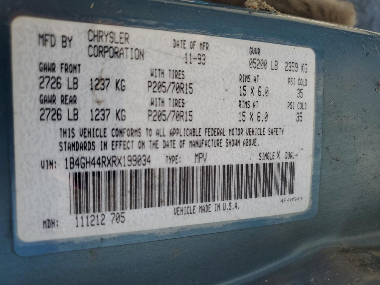 1994 Dodge Grand Caravan Se VIN: 1B4GH44RXRX199034 Lot: 56202495