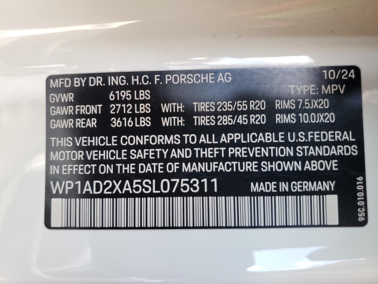 2025 Porsche Macan VIN: WP1AD2XA5SL075311 Lot: 56960935