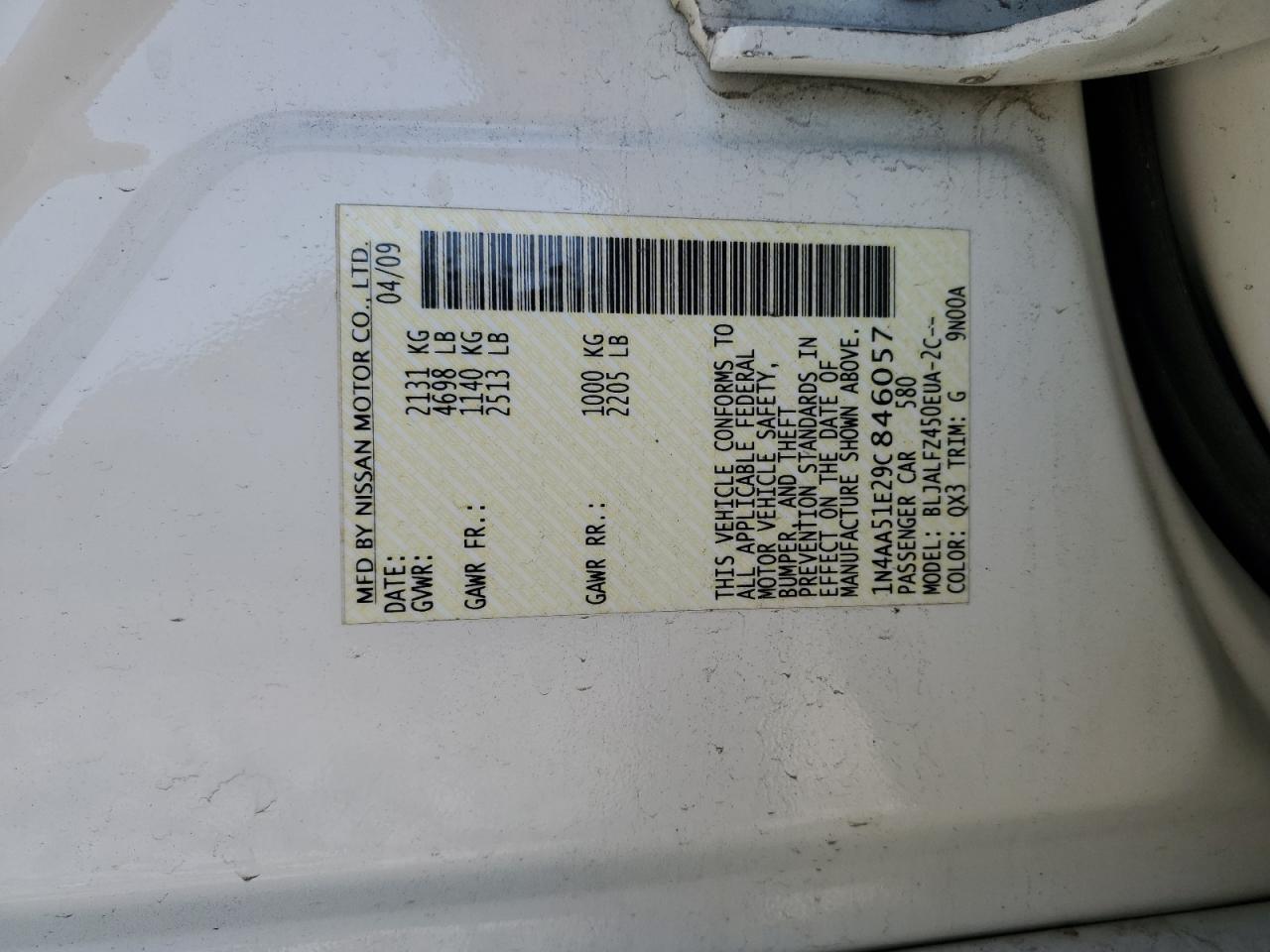 2009 Nissan Maxima S VIN: 1N4AA51E29C846057 Lot: 57301095