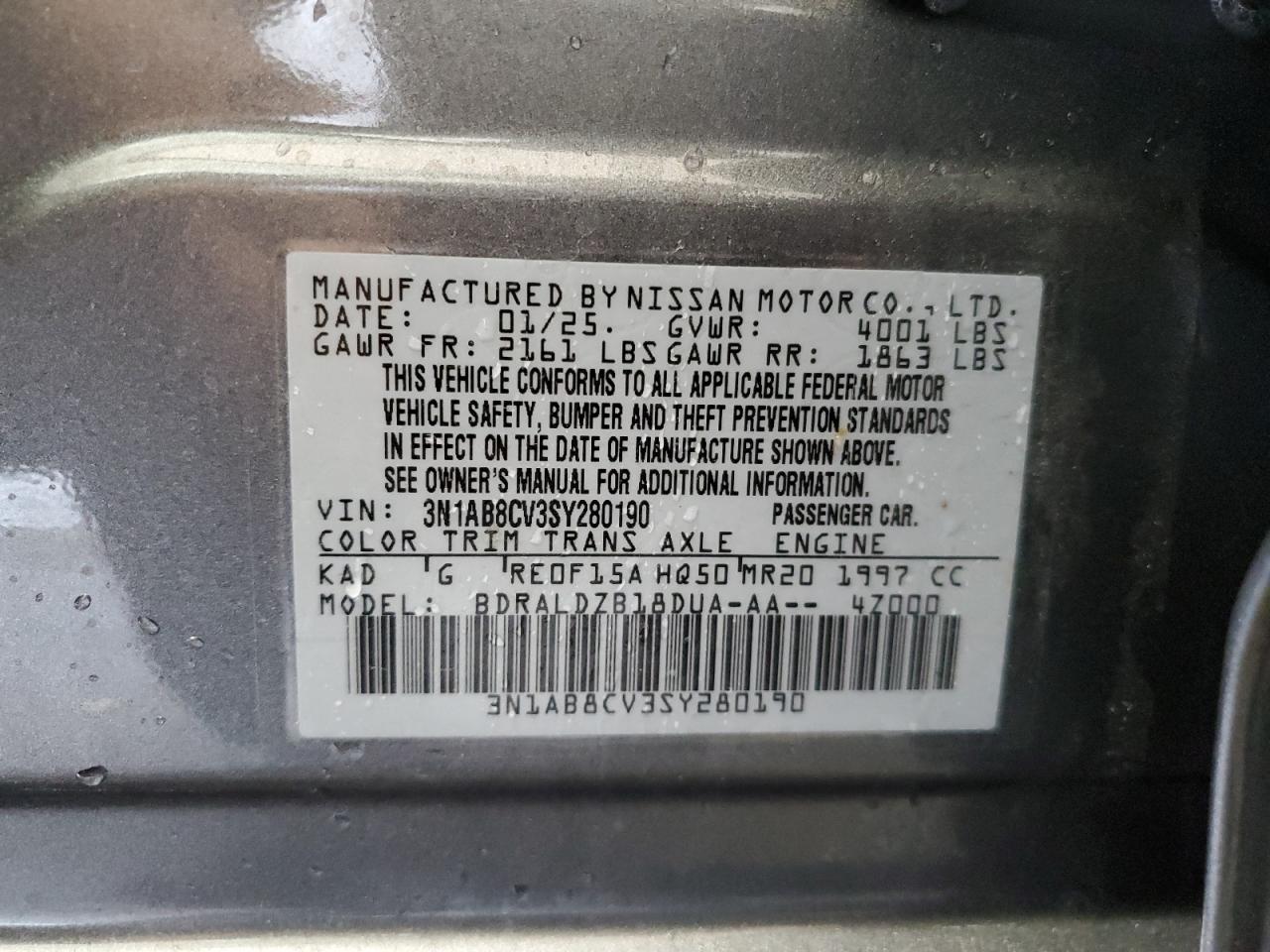 2025 Nissan Sentra Sv VIN: 3N1AB8CV3SY280190 Lot: 56337765