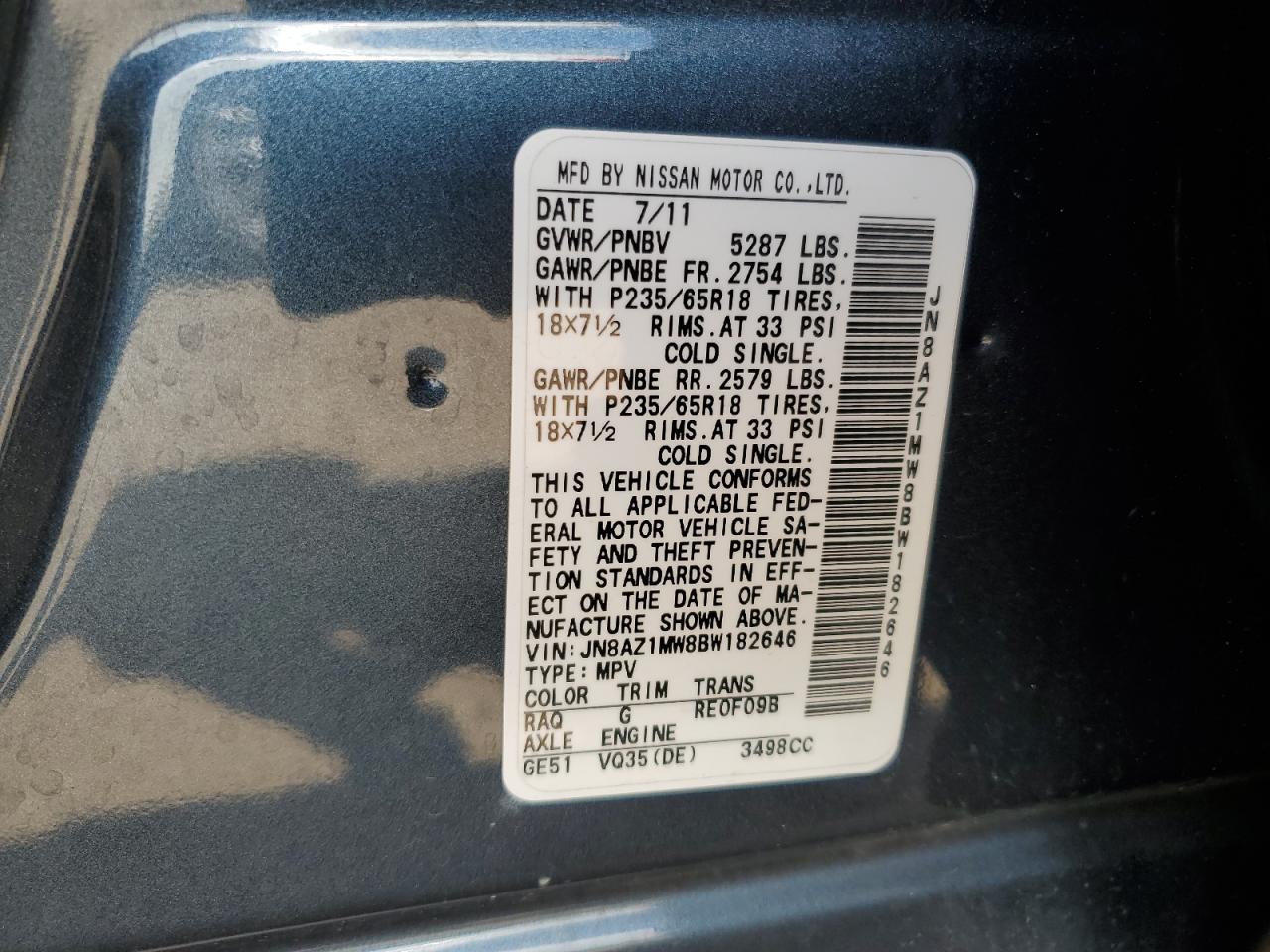 2011 Nissan Murano S VIN: JN8AZ1MW8BW182646 Lot: 57039095