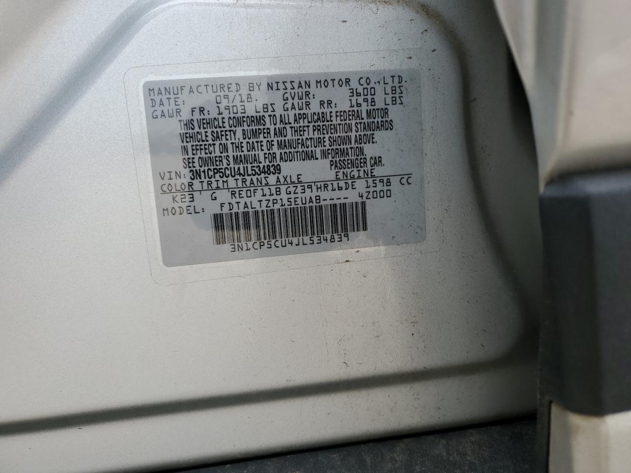 2018 Nissan Kicks S VIN: 3N1CP5CU4JL534839 Lot: 56744925