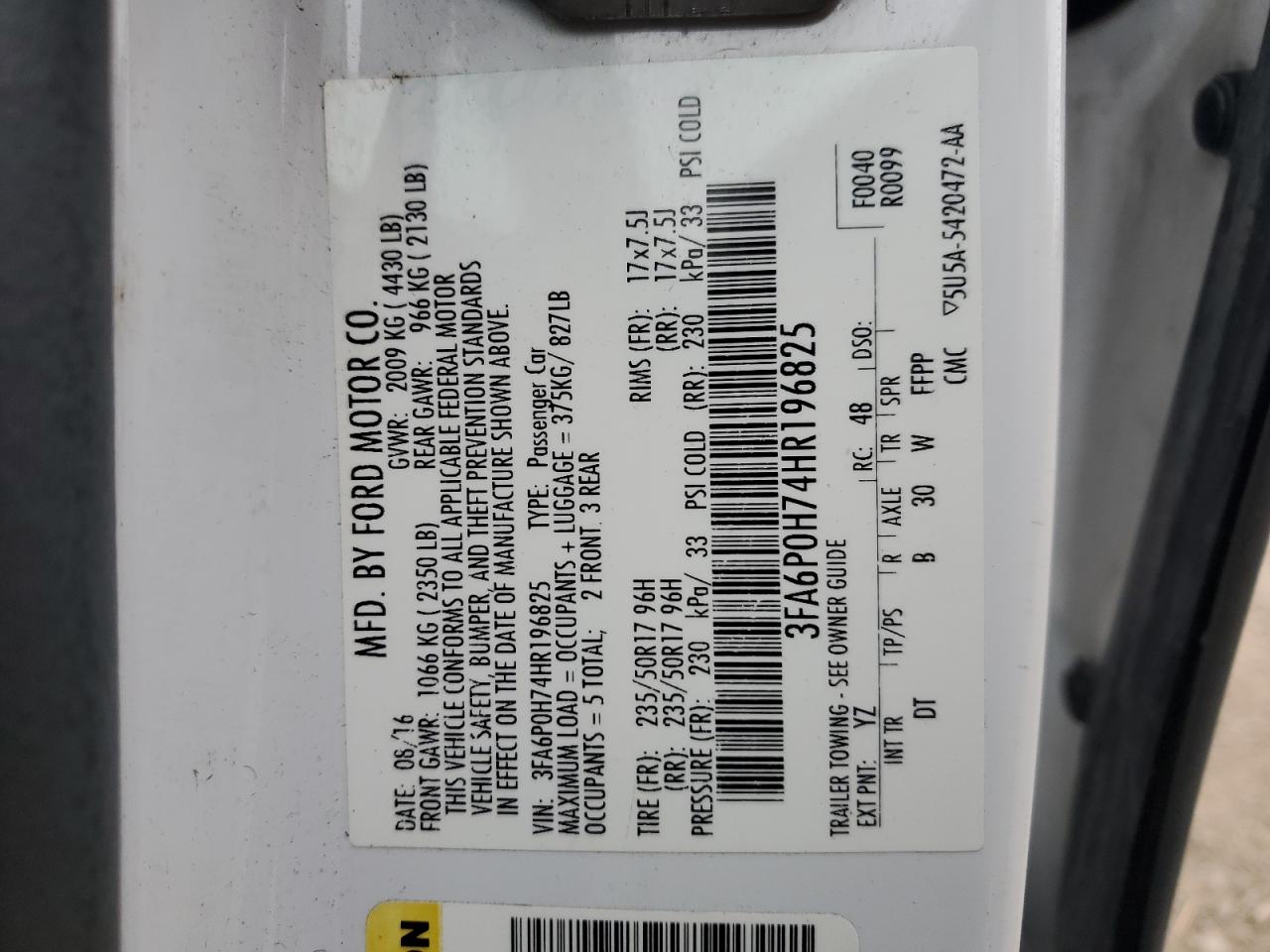 2017 Ford Fusion Se VIN: 3FA6P0H74HR196825 Lot: 56212655