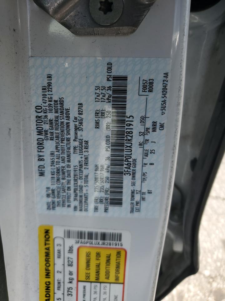 2018 Ford Fusion Se Hybrid VIN: 3FA6P0LUXJR281915 Lot: 56826805