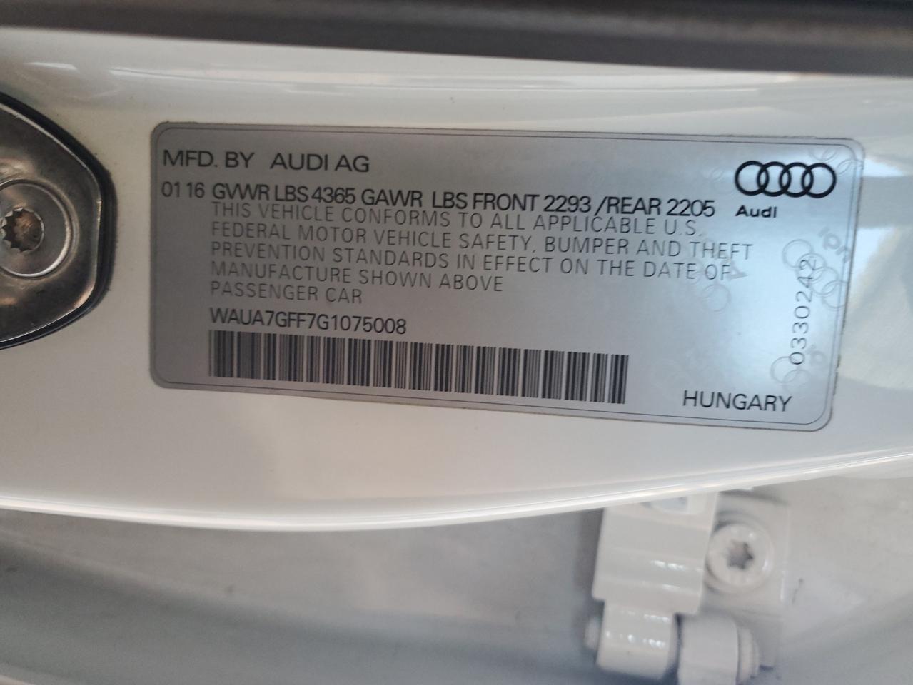 2016 Audi A3 Premium VIN: WAUA7GFF7G1075008 Lot: 57091665