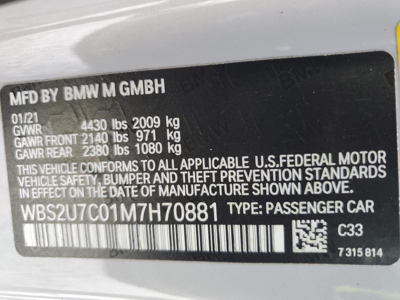 2021 BMW M2 Competition VIN: WBS2U7C01M7H70881 Lot: 57125515