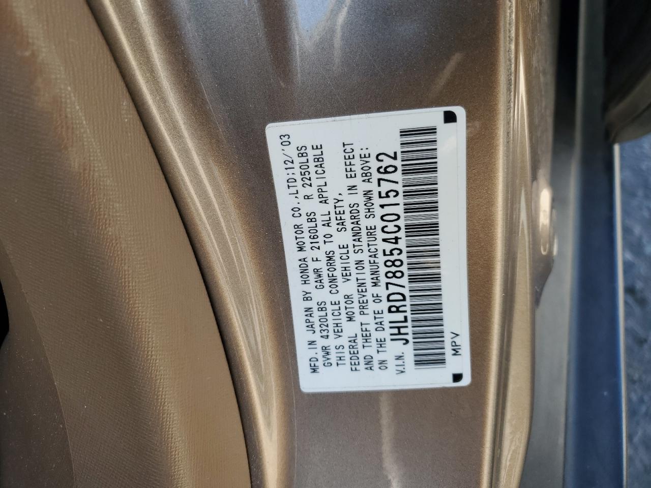 2004 Honda Cr-V Ex VIN: JHLRD78854C015762 Lot: 57159725