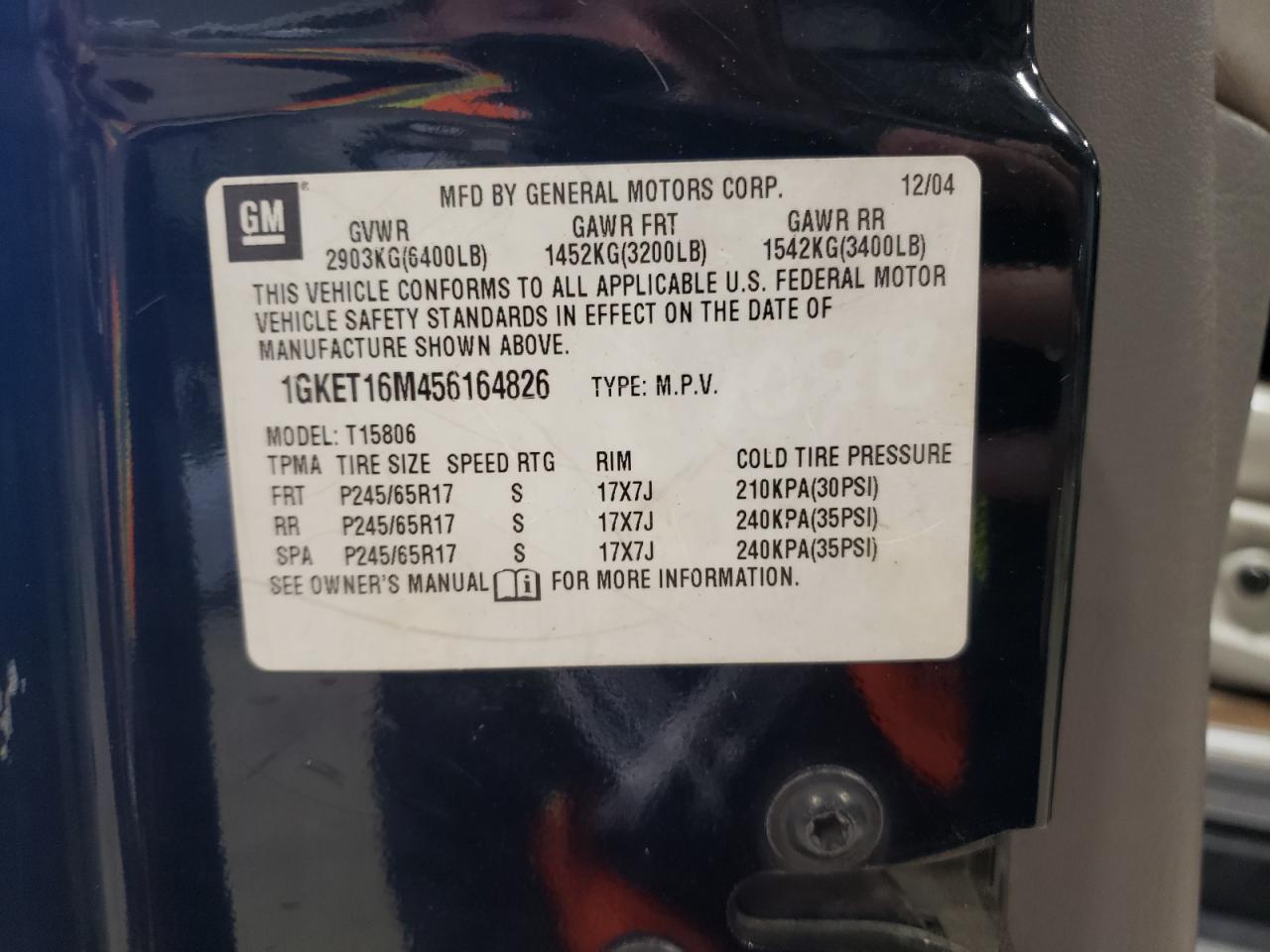 2005 GMC Envoy Xl VIN: 1GKET16M456164826 Lot: 57591195