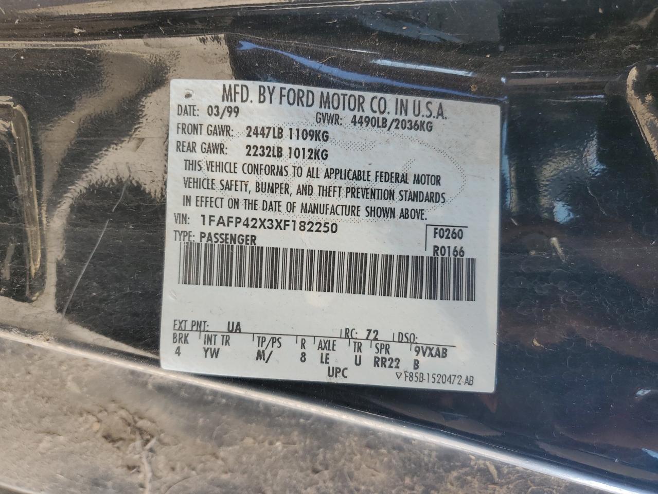 1999 Ford Mustang Gt VIN: 1FAFP42X3XF182250 Lot: 55876905