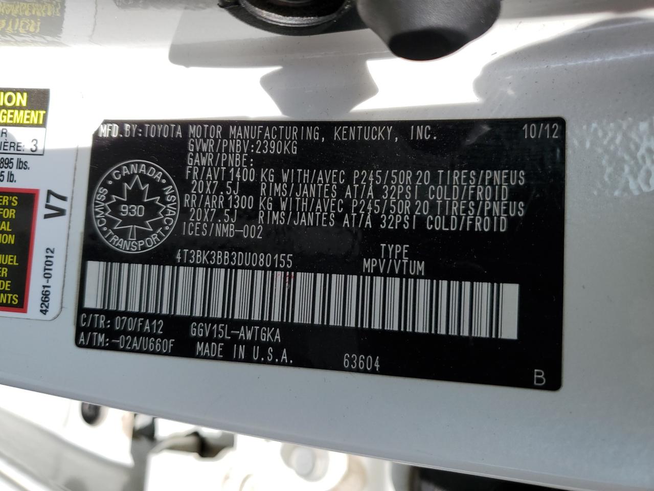 2013 Toyota Venza Le VIN: 4T3BK3BB3DU080155 Lot: 56891335