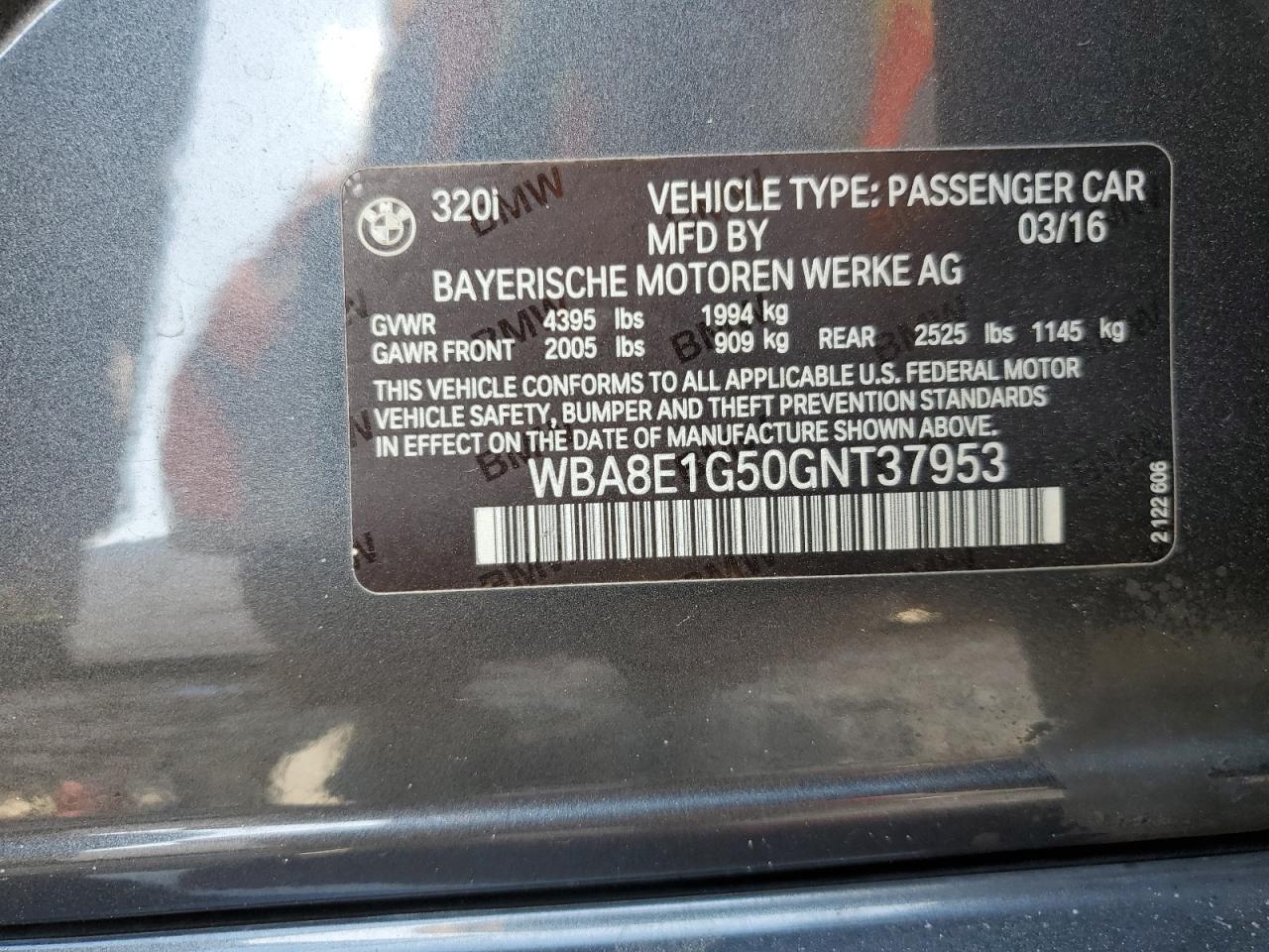 2016 BMW 320 I VIN: WBA8E1G50GNT37953 Lot: 56106875