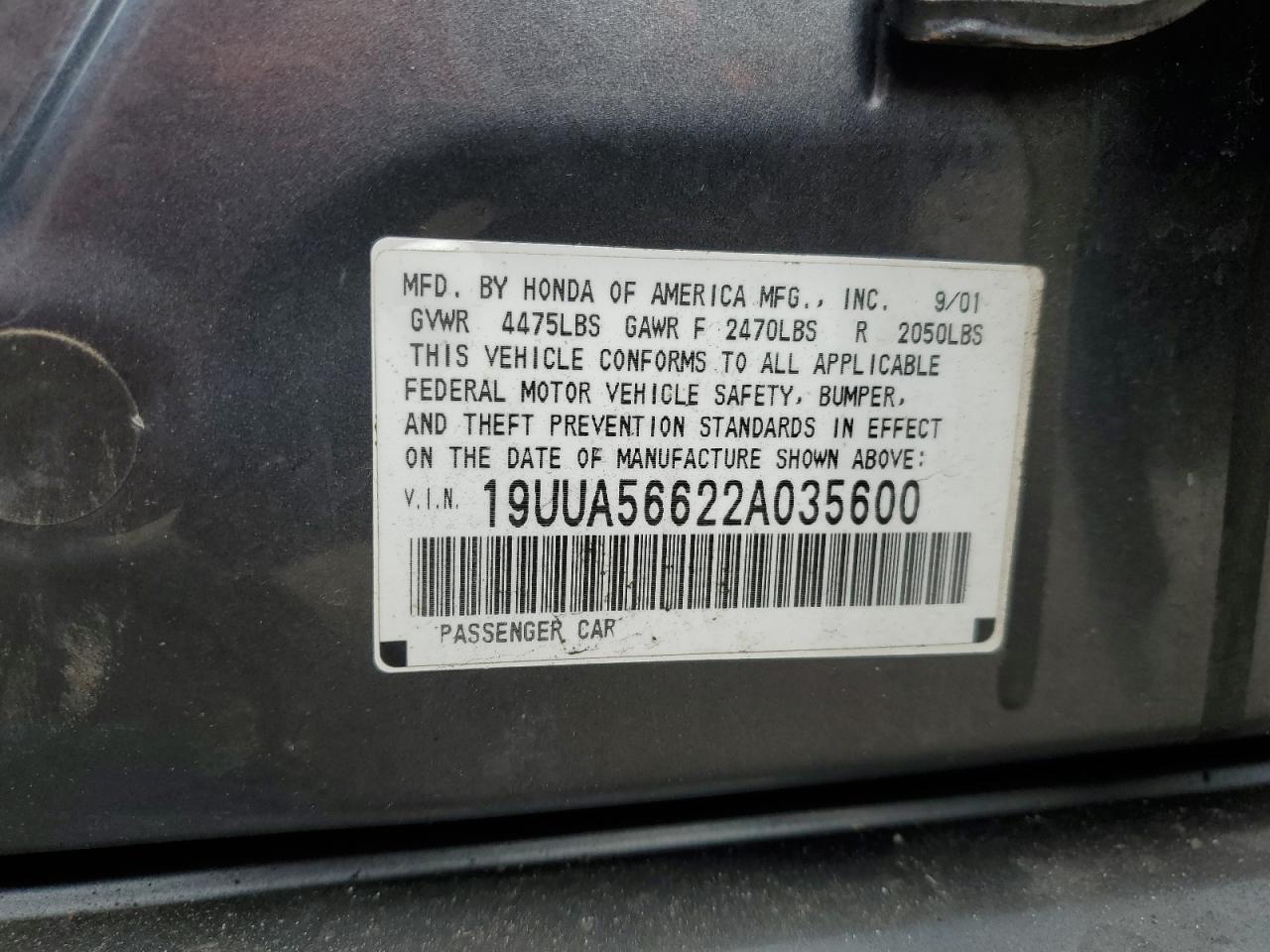 2002 Acura 3.2Tl VIN: 19UUA56622A035600 Lot: 56251425