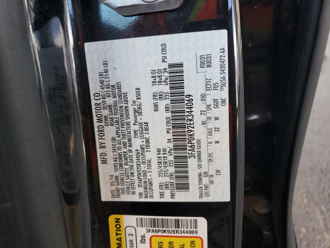 2014 Ford Fusion Titanium VIN: 3FA6P0K92ER344069 Lot: 56608295
