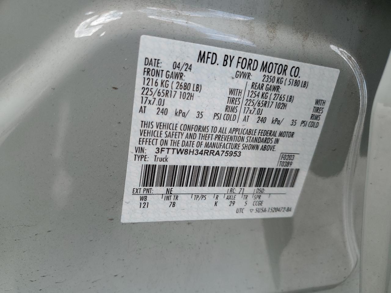 2024 Ford Maverick Xlt VIN: 3FTTW8H34RRA75953 Lot: 54225165