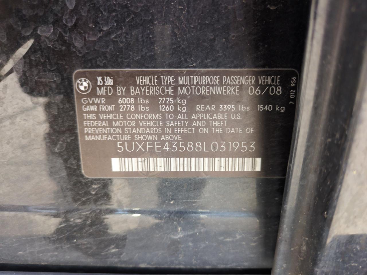 2008 BMW X5 3.0I VIN: 5UXFE43588L031953 Lot: 57900035