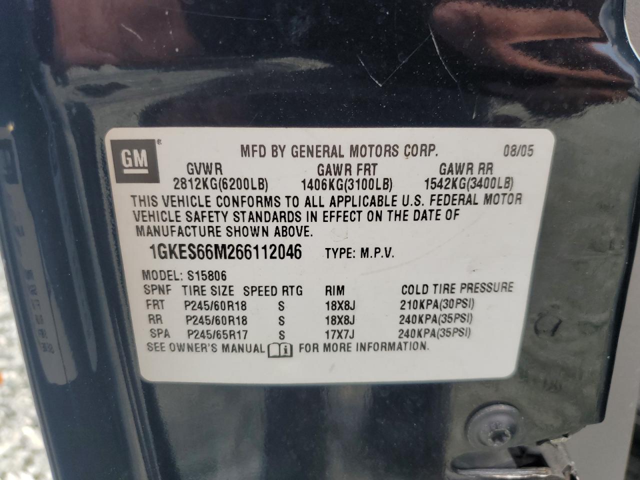 2006 GMC Envoy Denali Xl VIN: 1GKES66M266112046 Lot: 57290775