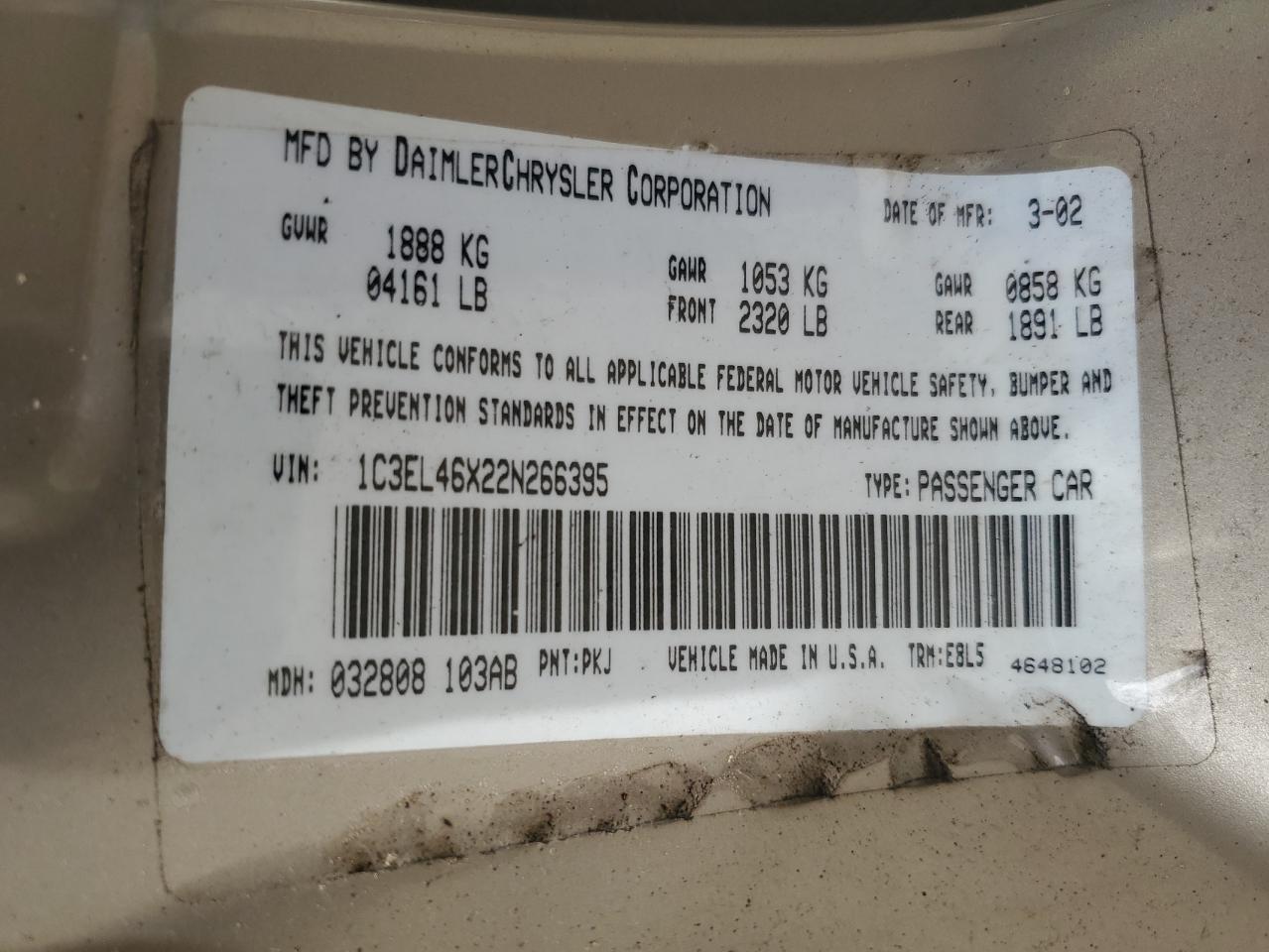 2002 Chrysler Sebring Lx VIN: 1C3EL46X22N266395 Lot: 55747015